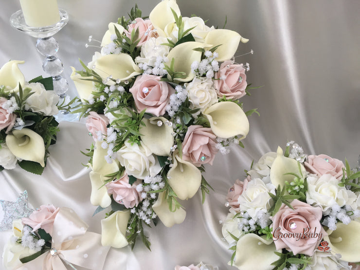 Mocha Pink Roses & Ivory Carnations With Calla Lily & Gypsophila