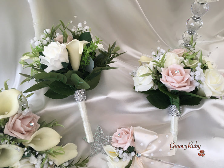 Mocha Pink Roses & Ivory Carnations With Calla Lily & Gypsophila