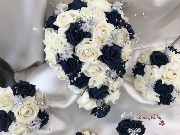 Navy & Ivory Rose With Silver & Crystal Butterfly
