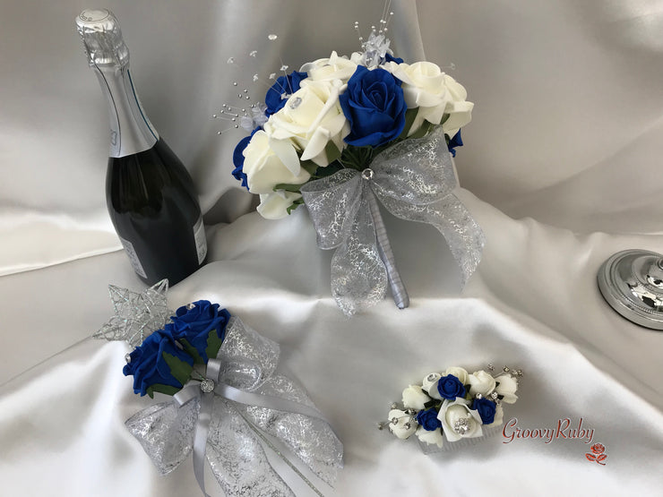 Royal Blue & Ivory Rose With Silver & Crystal Butterfly