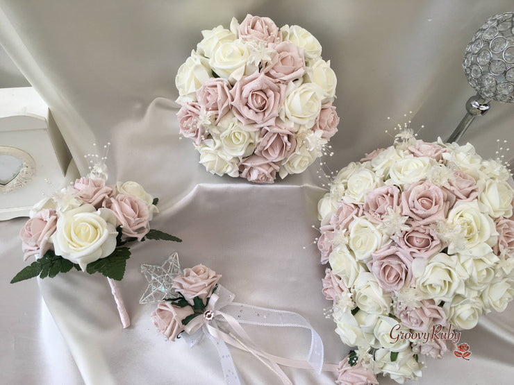 Mocha Pink Glitter Rose With Ivory Babies Breath