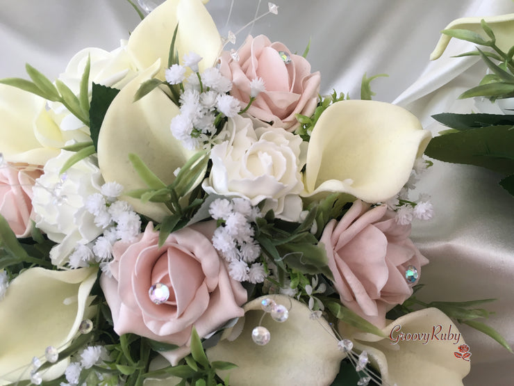 Mocha Pink Roses & Ivory Carnations With Calla Lily & Gypsophila