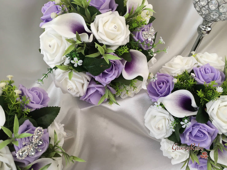 Lilac Roses With White & Cadbury Purple Centred Calla Lilies & Crystal Butterfly Brooch