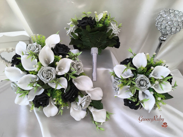 Silver & Black Rose & Large White Calla Lily