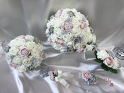 Mocha Pink & Silver Roses With Delicate Heart Brooch