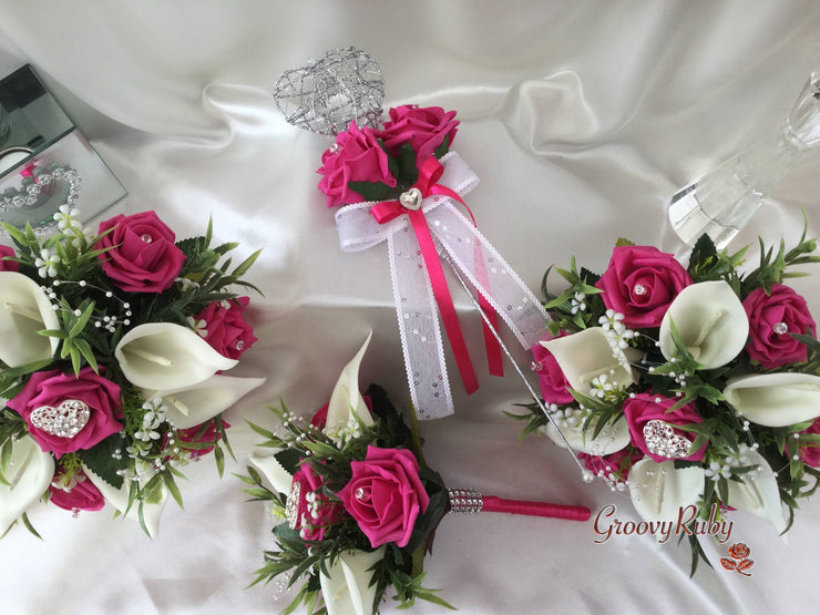 Hot Pink Rose & Calla Lily With Pearls & Diamante Heart Brooch
