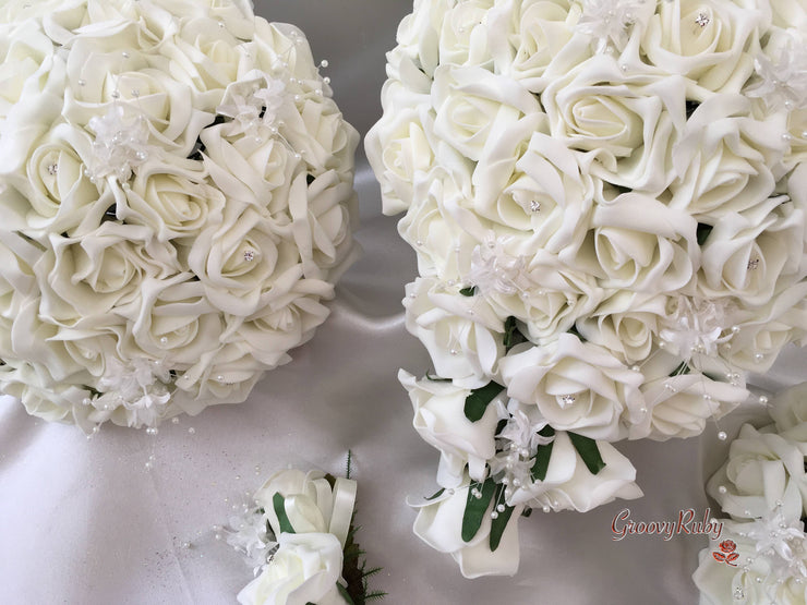 Ivory Rose Crystal With Ivory Pearl Babies Breath