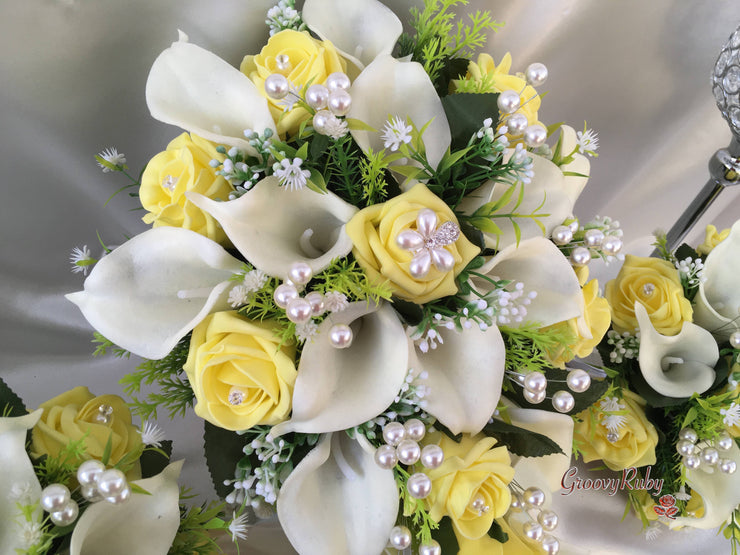 Lemon Rose & Large Calla Lily With Pearl Sprays & Pearl Brooch