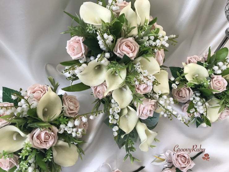 Mocha Pink Rose & Large Calla Lily With Lily of the Valley