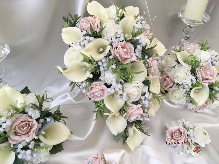 Mocha Pink Roses & Ivory Carnations With Calla Lily & Gypsophila