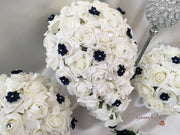Rose Bouquets With Navy Satin Diamante Flowers