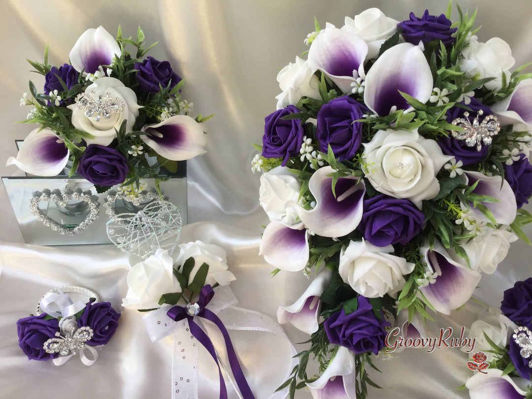 purple calla lilies and white roses White & Cadbury Purple Centred Calla Lilies With Roses & Crystal Butte –  GroovyRuby Ltd