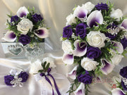White & Cadbury Purple Centred Calla Lilies With Roses & Crystal Butterfly Brooch