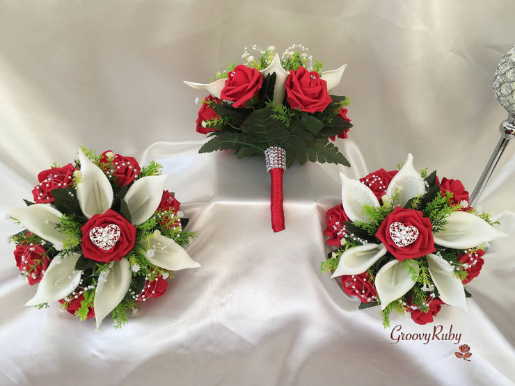 Red Rose & Calla Lily With Pearls & Diamante Heart Brooch