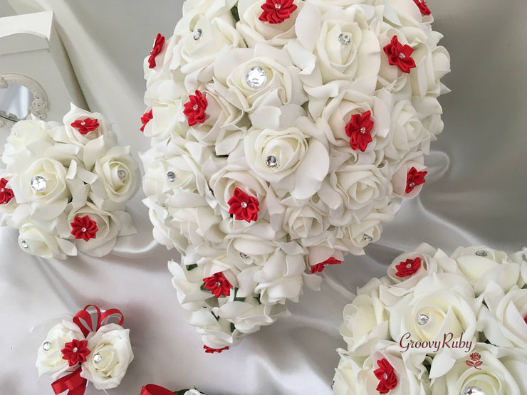 Rose Bouquets With Red Satin Diamante Flowers