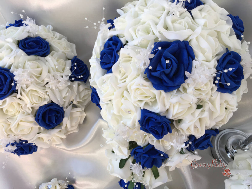 Royal Blue & Ivory Rose Crystal With Ivory Pearl Babies Breath ...