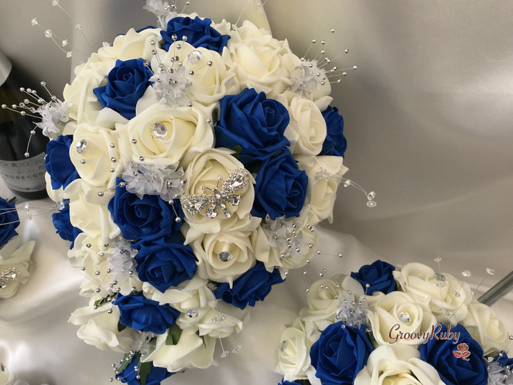 Royal Blue & Ivory Rose With Silver & Crystal Butterfly