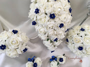 Rose Bouquets With Royal Blue Satin Diamante Flowers