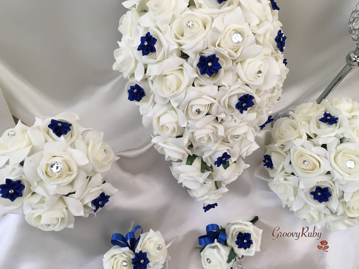 Rose Bouquets With Royal Blue Satin Diamante Flowers