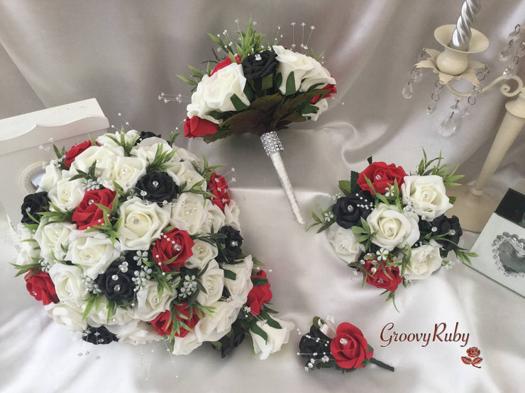 Black, Red & Ivory Rose With Foliage & Crystal Sprays