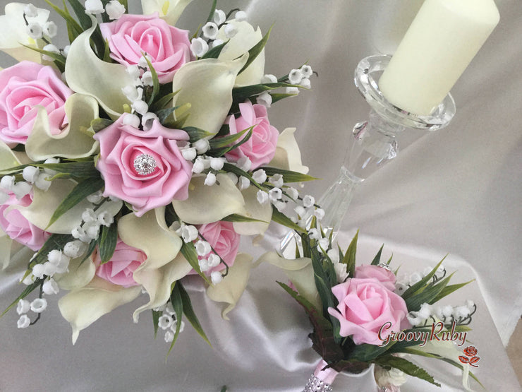 Baby Pink Rose, Lily of the Valley & Large Calla Lily With Diamante Brooch