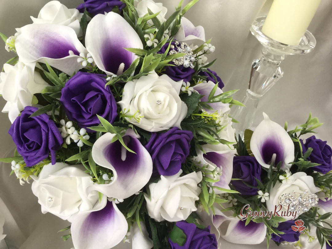 purple rose and white calla lily bouquet White & Cadbury Purple Centred Calla Lilies With Roses & Crystal Butte –  GroovyRuby Ltd