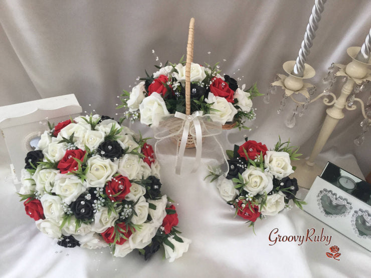 Black, Red & Ivory Rose With Foliage & Crystal Sprays