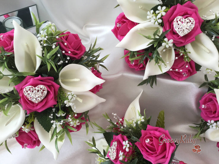 Hot Pink Rose & Calla Lily With Pearls & Diamante Heart Brooch