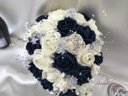 Navy & Ivory Rose With Silver & Crystal Butterfly