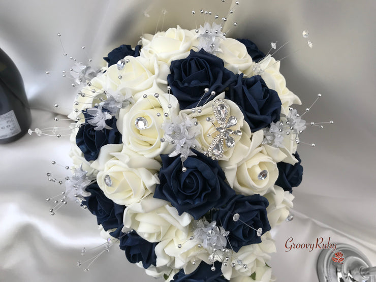 Navy & Ivory Rose With Silver & Crystal Butterfly