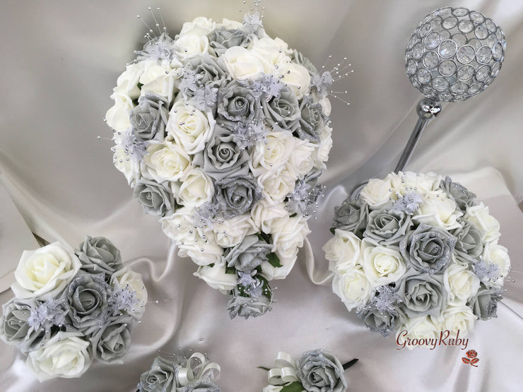Silver Glitter Rose With Silver Babies Breath