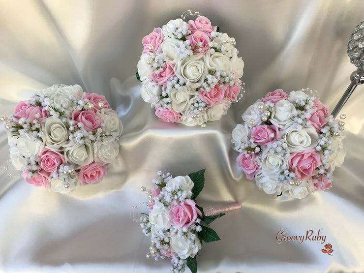 Baby Pink & Ivory Roses With Gypsophila & Pearl Sprays