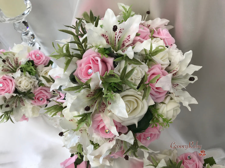 Small Tiger Lilies & Baby Pink Roses With Foliage
