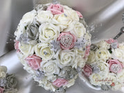 Dusky Pink & Silver Roses With Delicate Heart Brooch