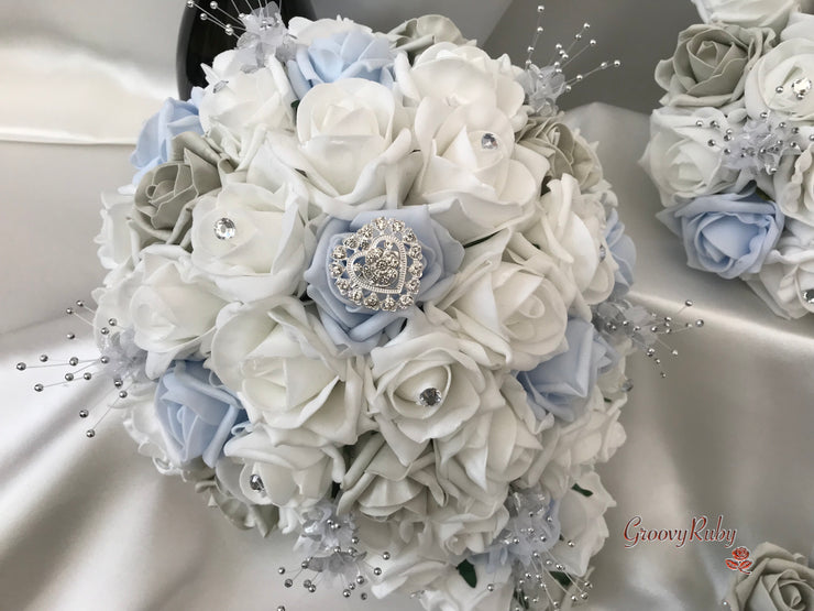 Ice Blue, Silver & White Roses With Delicate Heart Brooch