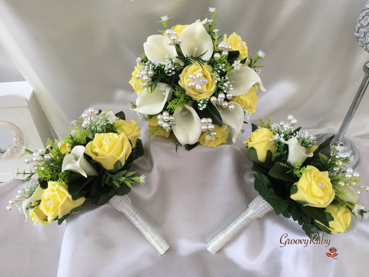 Lemon Rose & Large Calla Lily With Pearl Sprays & Pearl Brooch