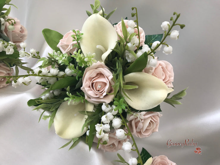 Mocha Pink Rose & Large Calla Lily With Lily of the Valley
