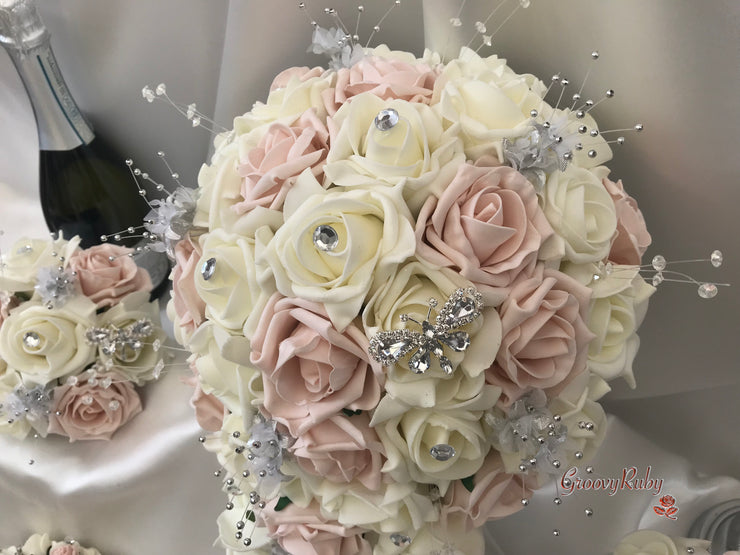 Mocha Pink & Ivory Rose With Silver & Crystal Butterfly