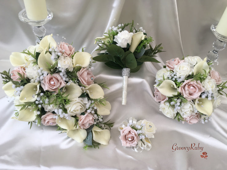Mocha Pink Roses & Ivory Carnations With Calla Lily & Gypsophila