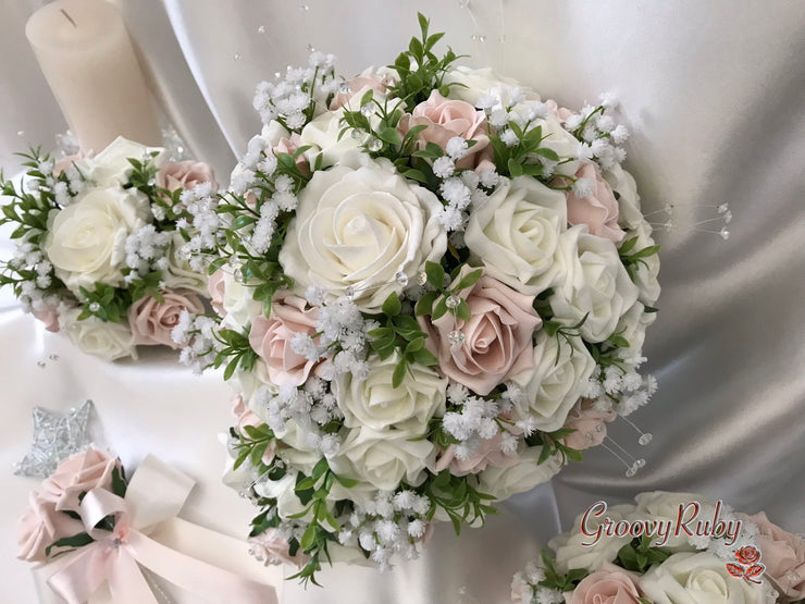 Mocha Pink & Ivory Rose With Foliage, Gypsophila & Crystal Sprays