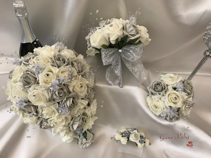 Grey & Ivory Rose With Silver & Crystal Butterfly