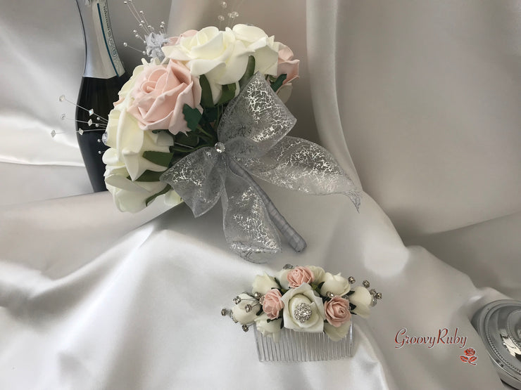 Mocha Pink & Ivory Rose With Silver & Crystal Butterfly
