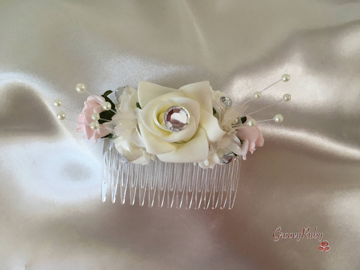 Baby Pink & Ivory Rose Crystal With Ivory Pearl Babies Breath