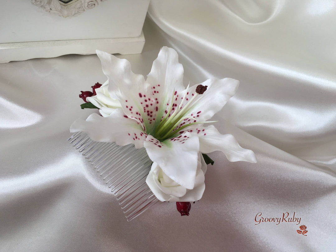 tiger lily wrist corsage Small Tiger Lilies & Ivory Roses With Berries – GroovyRuby Ltd