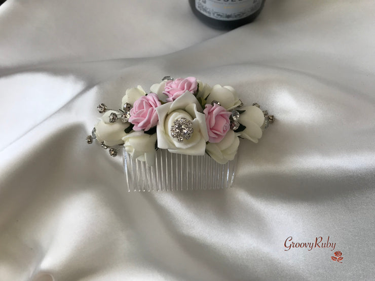 Baby Pink & Ivory Rose With Silver & Crystal Butterfly