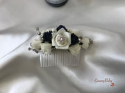 Navy & Ivory Rose With Silver & Crystal Butterfly