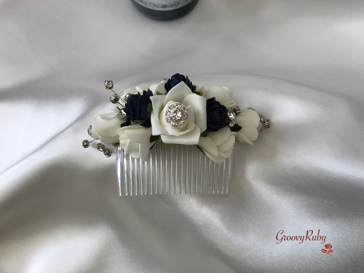 Navy & Ivory Rose With Silver & Crystal Butterfly