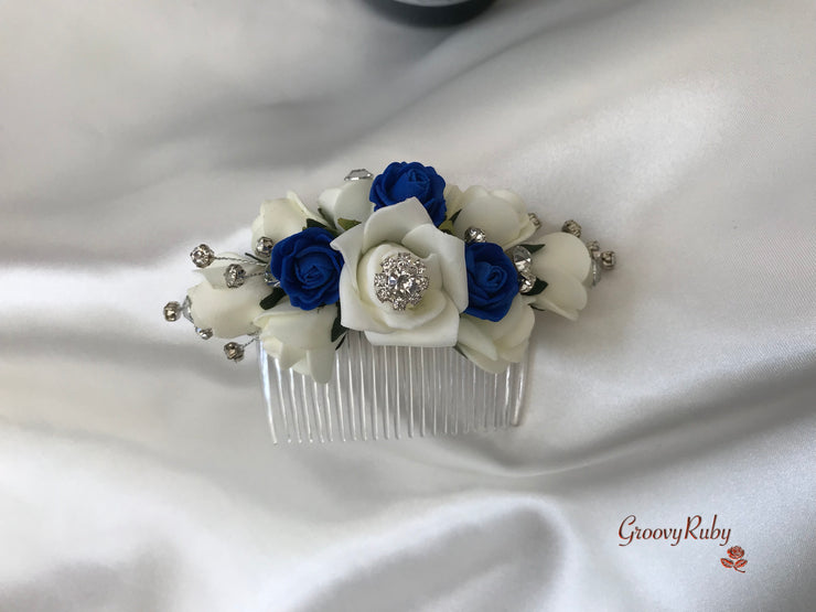 Royal Blue & Ivory Rose With Silver & Crystal Butterfly