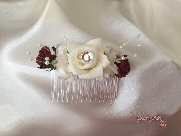Burgundy & Ivory Rose Crystal With Ivory Pearl Babies Breath