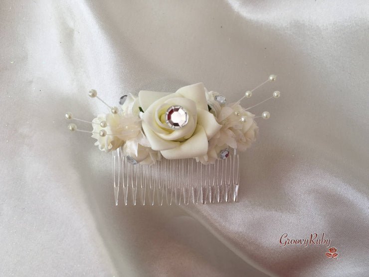 Ivory Rose Crystal With Ivory Pearl Babies Breath